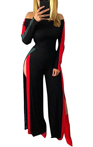 Women's Girls Sexy Off Shoulder Long Sleeve Stripe High Split Wide Leg Romper Jumpsuit Party Club Bandage Club Dress Black XL