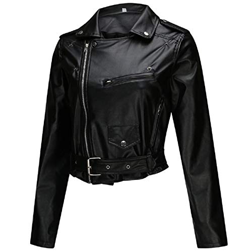 Tsmile Women Oblique Zipper Motorcycle Jacket Plus Size Street Faux Leather Lapel Pocket Belt Gothic Punk Coat Tops