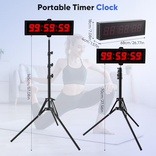 Cronómetro LED Competición, Cuenta Atrás Profesional con Trípode Ajustable 70-145cm, Botón de Disparo 3m y Mando a Distancia 10m, 6 Dígitos 2.3", Recargable 2000mAh, para Deportes Oficina Cocina