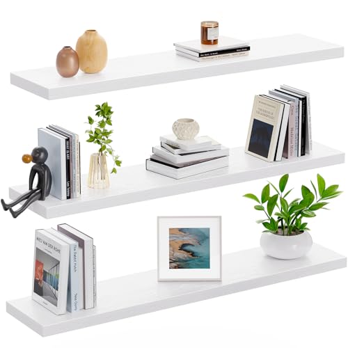 AMADA HOMEFURNISHING 60cm Baldas Flotantes Pared, Estantes de Pared para Baño/Salón/Dormitorio/Cocina, Juego de 3 Estanteria Blanca con Soportes Invisibles – AMFS08