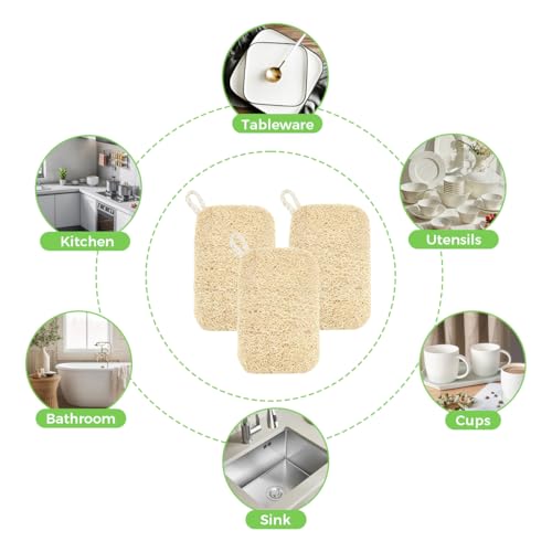 6 Pieces Loofah Natural Scrubber 9 x 14 cm, Loofah Sponge, Natural Loofah Kitchen Scourer, Stain Resistant, Oil Repellent, Highly Absorbent, for Bathrooms/Kitchens/Countertops