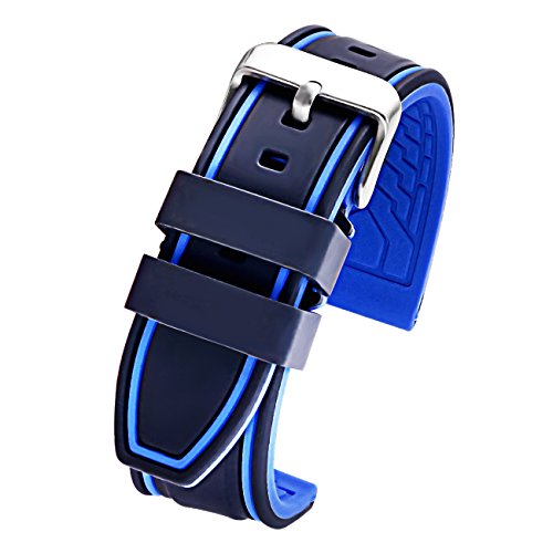 Silicone Watch Strap Replacement Sport Rubber Diver Watch Band Black Blue 24mm