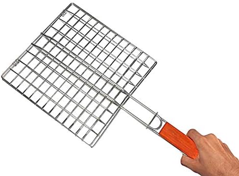 UORNI Portable Barbecue BBQ Grill Net Basket Roast Grilling Tray Chromium Plated with Wooden Handle
