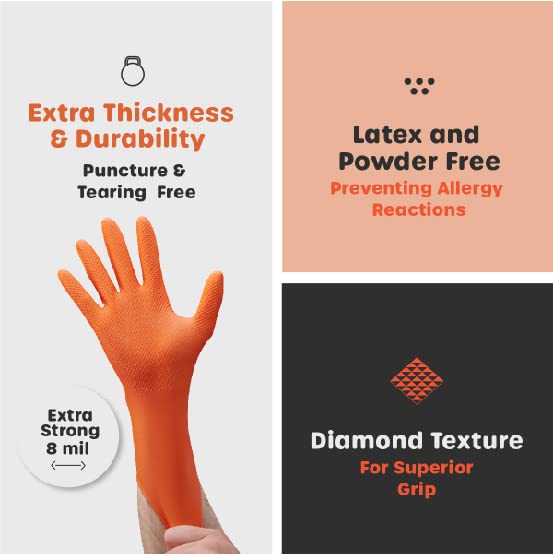 Comfy Package [100 Count 8 Mil HEAVY DUTY Disposable Orange Nitrile Gloves Heavy-Duty, Industrial, Diamond Texture
