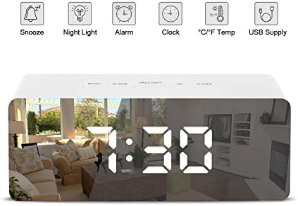 Digital Clock, JINRUCHE Portable High Definition Mirror Alarm Clock LED Displays with Snooze, 2 Levels Adjustable Brightness Displays Time, Date, Temperature and Humidity Function for Bedroom (White)