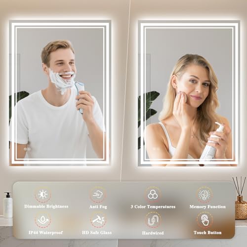 Archaluxe Bathroom Mirror with LED Light: 45x60cm Illuminated Wall Mounted LED-Bathroom-Mirror with Shaver Socket, Anti-Fog,3 Colors Dimmable, Memory Function, IP44 Smart Mirror Horizontal/Vertical