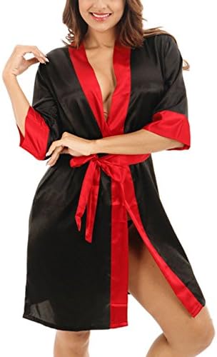 LIZAIA Women's Silk Satin Short Robes Simplicity Pajamas Bridesmaid Wedding Party Bride Kimono Black L