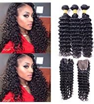 Brazilian Deep Wave Hair 3 Bundles With Closure 8a Unprocessed Brazilian Virgin Deep Wave Curly Human Hair Weave Extensions With Lace Closure 4x4 Free Part (16 16 16 +16)