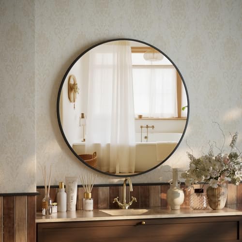 41DiJg6tQuL Beautypeak 46 Cm Runder Spiegel, Bruchsicherer Wandspiegel Mit Aluminiumrahmen, Badezimmer Spiegel Zum Aufhängen Und Anlehnen, Rund Wandspiegel Für Schlafzimmer, Bad, Wohnzimmer