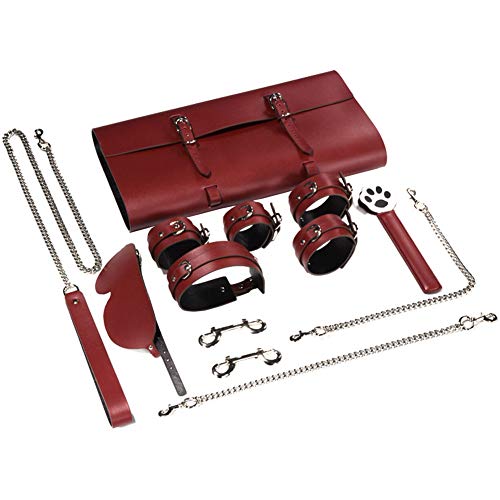 9 Piece Leather Bondage Restraints Set Kit for Bed and Under Bed Sex Play SM Bondage Toy Gear with Storage Bag Wrist Cuffs Collar Spanking Strap On Harness for Women Couples Lesbian Female,Red