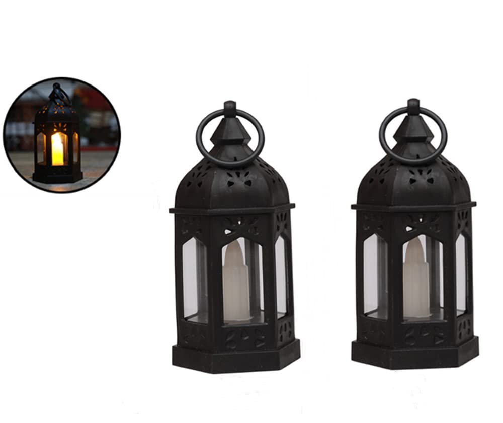 2 Pack Mini Lanterns, LED Portable Retro Pendant Lights for Christmas Candle Holders, Patio, Party, Hanging Lights Decoration (Black)