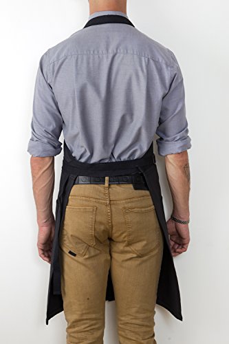 No-Tie Apron - Coated Matte Black Twill - Black Leather - Split-Leg - Thumbnail 6