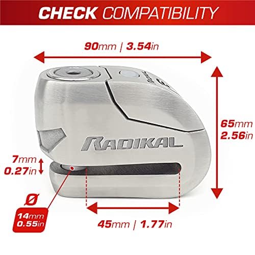 RADIKAL RK14S Premium Motorcycle Alarm Disk Lock 120dB ON/Off, Warning LED Alert, SRA Approved, High Security Anti Theft Brake Disc Lock for Motorbike, 14mm Double Locking Stainless Steel