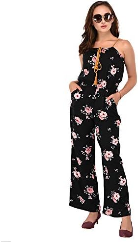 Itrra Women's Floral Printed Sleevless Straight Long Full Length Black Jumpsuit