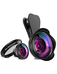 SYOSIN 5K HD 5 en 1 Kit de lentes para teléfono móvil, lente gran angular de 0,45 x (sin distorsión) + lente macro de 20 x + lente Full HD ojo de pez + lente CPL + obturador remoto, lente de teléfono con clip para iPhone Samsung