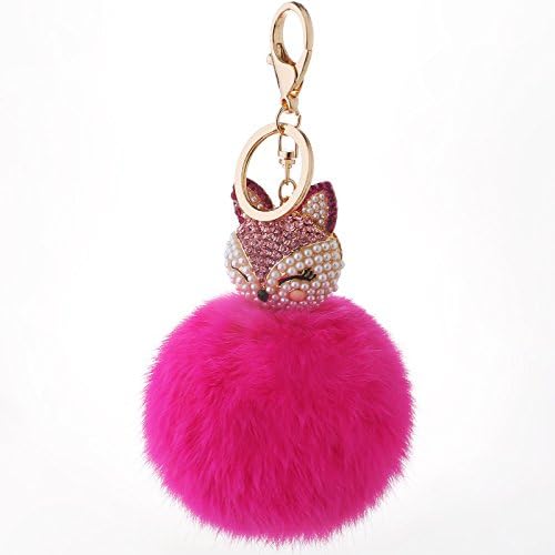 WongSinTong Novelty Pearl Fox Head with Rabbit Fur Ball Charm Key Chain for Car Key Ring or Bag (Rose Red)