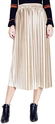Clarisbelle Women's Pleated Velvet Skirt Premium Metallic Shiny Shimmer Accordion Elastic High Waist Midi Skirt