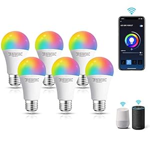 Aigostar Smart WiFi-bulb A60 E27-fitting， werkt met Alexa en Google Home， van kleur te veranderen， 9W LED-lampen， dimbaar 3000K-6500K wit en RGB-bulb， geen hub vereist， Set van 6 stuks [energieklasse A+]