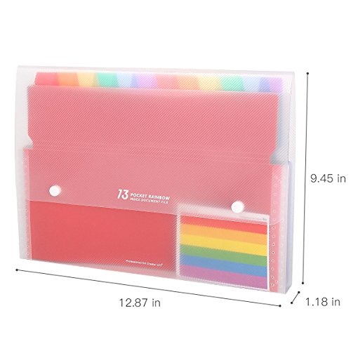 HJSMing 13 Pockets Portable File Folders/Rainbow Folder Organizer/Expandable Plastic Folders/A4 Letter Size File Organizer with Buttons-for School Office Supplies