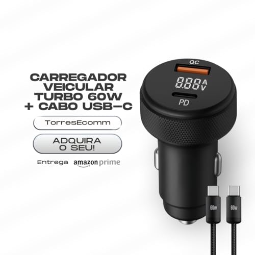 Carregador Veicular para Automóvel Turbo 60W com Duas Entradas, Carregamento Super Rápido + Cabo USB-C Premium Compatível com Dispositivos iOS e Android