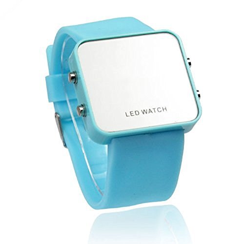 ODGear Mini LED Digital Calendar Day/Date Silicone Sport Mirror Faceless Unisex Watch (Sky Blue)