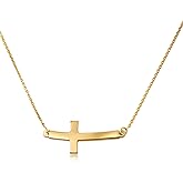 14K White or Yellow Gold Sideways Curved Cross Necklace - Choice of Metal Color and Necklace Length