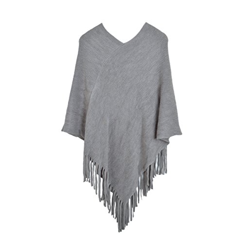 Premium Solid Color Soft Knit Fringe Winter Poncho Shawl Wrap Cape, Grey - Thumbnail 7