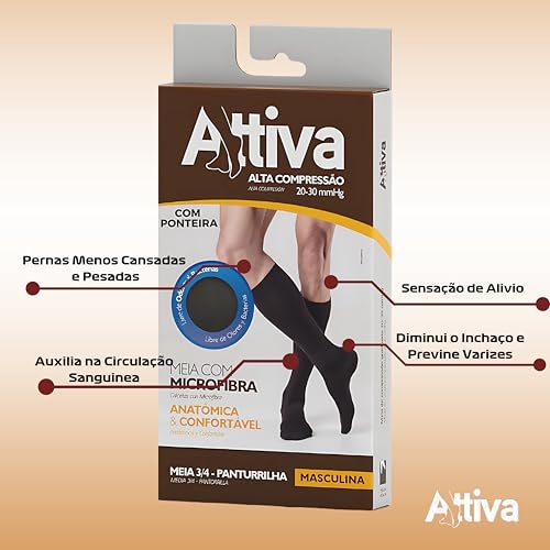 Meia de Compressão Masculina 3/4 Panturrilha Média 18-21 mmHg ATTIVA - Meia para Circulação, Varizes, Pernas Inchadas e Cansadas - Ideal para Trabalho, Viagem e Conforto Diário