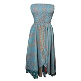Mogul Womens Skirt Dress Smocked Bodice Strapless Silk Sari Beach Sundress
