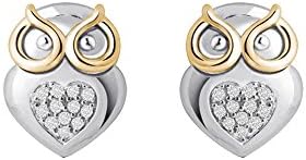Wise Owl Heart Post Earring Stud for Women: 925 Sterling Silver Two-Tone Yellow Plating Micro Pave Diamond Accents (.07cttw, I-J Color, I2-I3 Clarity)