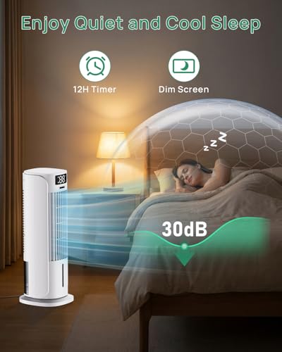 Portable Air Conditioner, 90° Auto Oscillation, 6 Speeds & 2 Cool Mist, 3 IN 1 Air Cooler, 800ML Water Tank, 12H Timer, 5M Remote Control, Quiet Cooling Tower Fan Air Conditioner for Room Office
