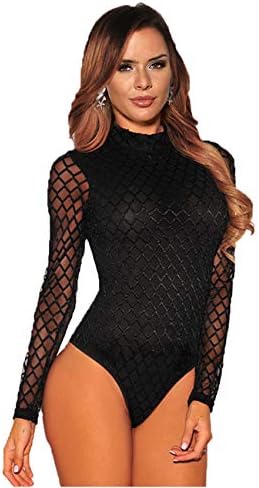 Lvoydor Women Sheer Mesh Lace Bodysuit Long Sleeve Leotard Lingerie Jumpsuit Bodysuits（FBA）