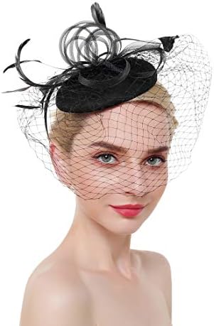 MEILIS Flower Cocktail Tea Party Headwear with Veil Feather Fascinators Derby Hat for Girls and Women