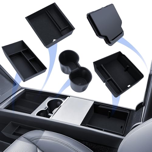 LANTU 5pcs Accessories for Tesla Model Y 2025-2026, Junior Center Console, Silicone Organizer Tray, Armrest Storage Box, Hidden Box and Cup Holder (Flocking)