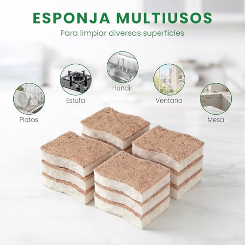JDF3CISH 12PCS Esponja para Trastes - Fibras para Trastes Naturales, Doble Cara Ecológica, Antirayaduras y Secado Rápido, Ideal para Cocina