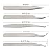 Quewel Eyelash Extension Tweezers Set Eyelash Applicator Tool Curved and Straight pointed Tweezers Lash Extension Supplies Stainless Steel Precision Tweezers Silver (Matte,5 pcs PU)