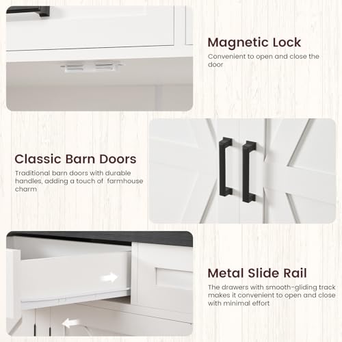 FIONESO 61" W Buffet Cabinet with 3 Large Drawers & 2 Adjustable Shelves, Farmhouse Sideboard Cabinet, Coffee Bar, TV Stand, for Kitchen, Living Room, White,40×155×80CM