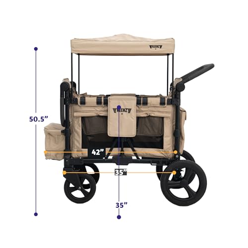 Keenz MOOV 2-Passenger All-Terrain Stroller Wagon with Reclining Seats, Cooler Bin, Push/Pull Handle, and Rubber Wheels – Foldable Wagon for Kids and Toddlers, Mocha