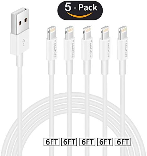 Iphone charger cable 6ft,Feel2Nice 5 Pack 6 foot lightning charger cord for iPhone X 8/8 Plus/7/7 plus/6s/6s plus/6/6 plus iPhone 5/5s/5c/iPad, White