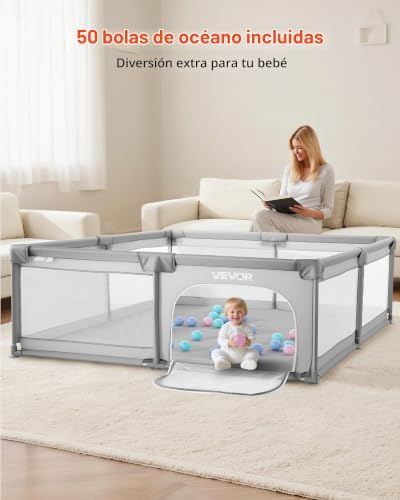 Parque infantil, ideal para crianças pequenas, para interior e exterior, com 50 bolas oceanicas, porta com fecho éclair e malha respirável, forma retangular, cinzento, 2060 x 1840 x 650 mm