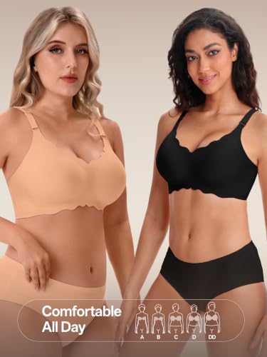 Angelhood Seamless Jelly Bras for Women Wireless Push Up T-Shirt Bra Pack | Full Coverage, V Neck, No Underwire, Everyday Comfort, Convertible Bralettes, Supportive, Back Smoothing, Scalloped Brassiere