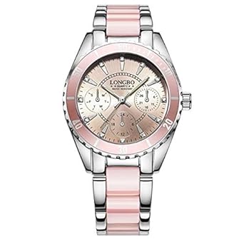 Longbo Elegant Rosepink and Silver Stainless Steel Decorative Subdials Rhinestone Dial Date Display Scratch Resistant Waterproof Watch for Women and Girls