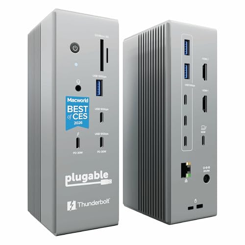 Plugable Thunderbolt 5 Dock: 16-in-1, Dual HDMI 2.1 Up to 8K 60Hz / 4K 144Hz, 140W Laptop Charging, 2.5GbE, Fanless, Driverless TAA Compliant Docking Station for MacBook Pro/Air & Windows (TBT-UDH2)