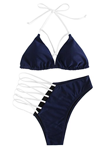 SOLYHUX Women's Sexy Halter Ladder Cutout Brazilian 2PCS Bikini Set Swimsuits Navy L - Thumbnail 5