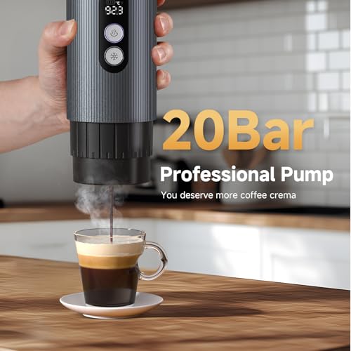 AMZCHEF Portable Coffee Maker 20Bar, 2-IN-1 Self-Heating Portable Espresso Maker with LCD Display, USB-C Rechargeable, Compatible with NS Capsule & Ground Coffee for Camping, Travel, Office & Home Use