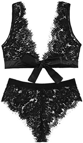 YEBIRAL Valentines Sexy Lingerie Women Plus Size Babydoll Lace Bra Bowknot Underpant Set Sleepwear Ladies Sexy Underwear Black UK 8-18