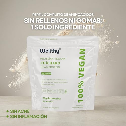 Wellthy Peas Protein Proteína Vegana de Chícharo 1.8kg. 60 Porciones por Envase, 100% Natural, 100% Plant Based, Low Carb, Gluten Free, Sugar Free, Bottle Free.