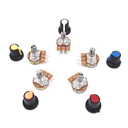 Seloky 20 PCS 10K Ohm Knurled Shaft Linear Rotary Taper Potentiometer with Five Kinds Knob(WH148) Kit