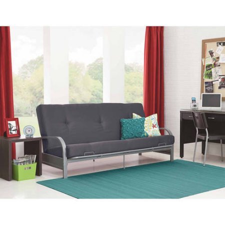 Mainstays Silver Metal Arm Futon Frame with Full Size Mattress, Gray