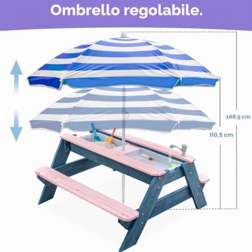 Kids - Tavolo da picnic 3 in 1 per attività in legno e acqua, per esterni, trasformabile, con ombrello, 2 scatole da gioco, parte superiore rimovibile, per esterni (rosa/blu marino)